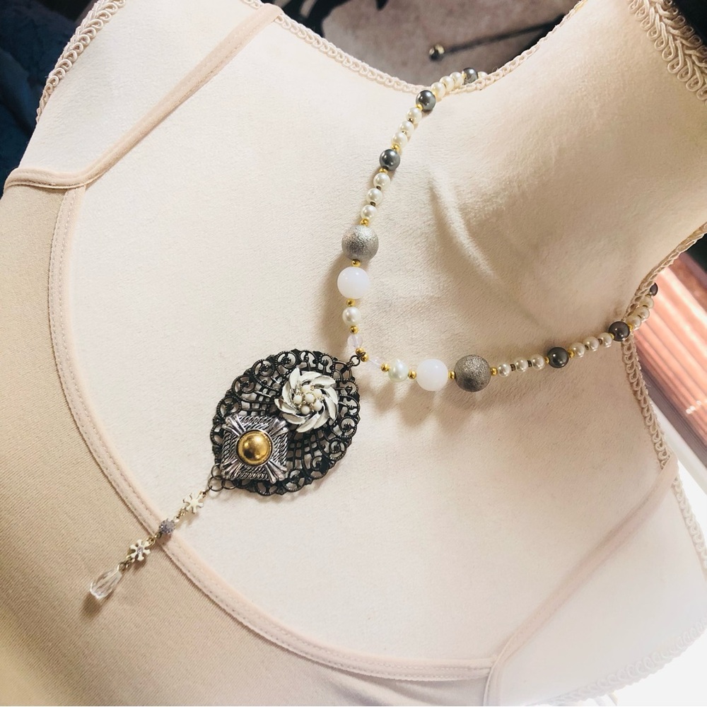 Handcrafted repurpose filigree enamel cluster medallion necklace